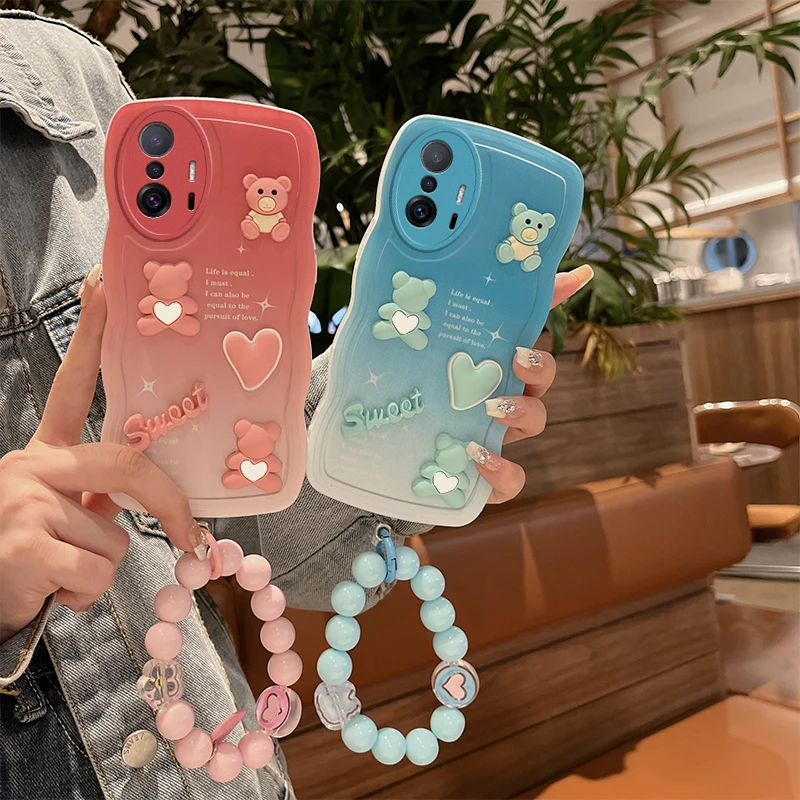 Soft Silicone Phone Case para Xiaomi, 3D Cute Cartoon Urso Pulseira, Capa Traseira, Xiaomi 11 T Pro 5G