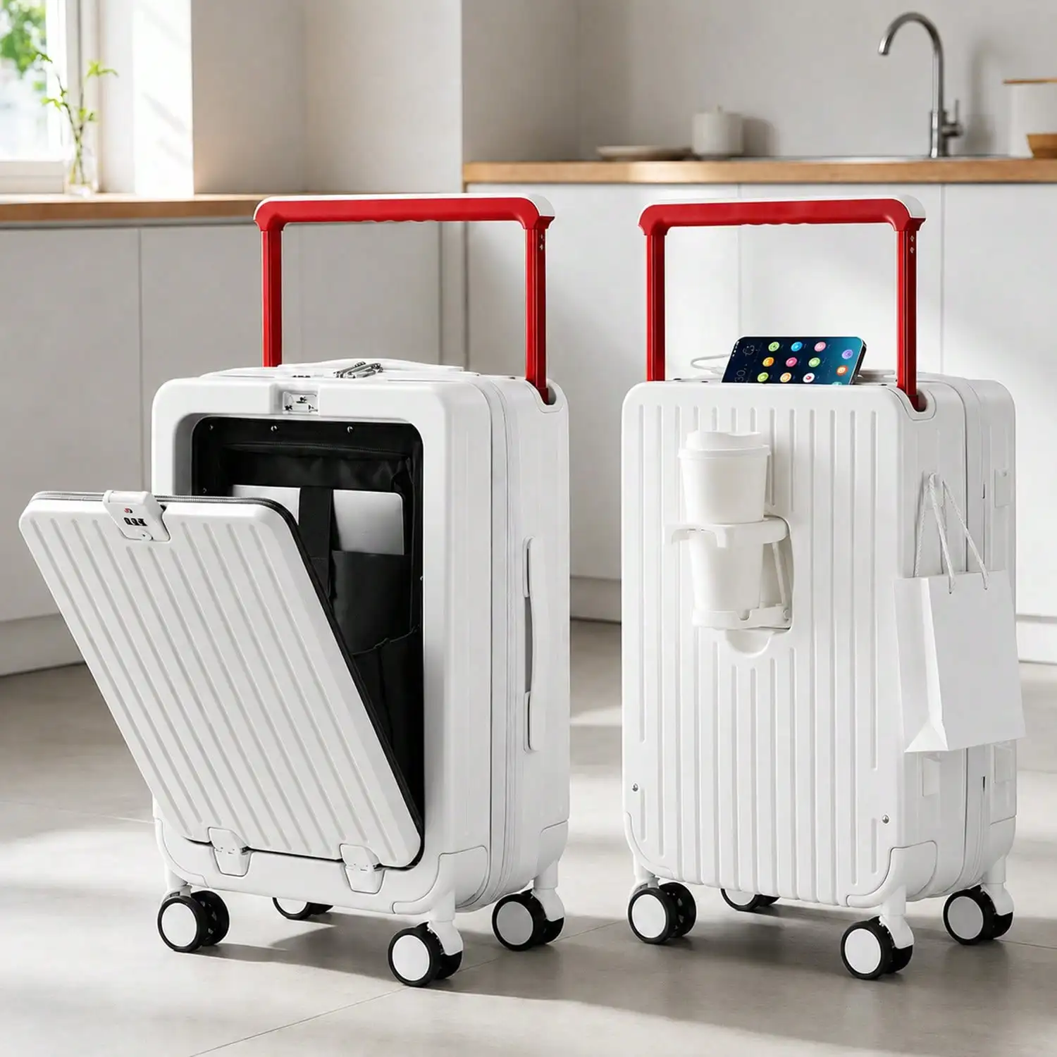 20 Inch Front Opening Hard Shell Carry‑On Suitcase, Wide Aluminum Handle Luggage with USB Charging Port & Built‑in Laptop Pocket, Lightweight Airline Approved Hardside Trolley Case for Business Travel, Short Trips, College Dorm and Cruise Travel for Men