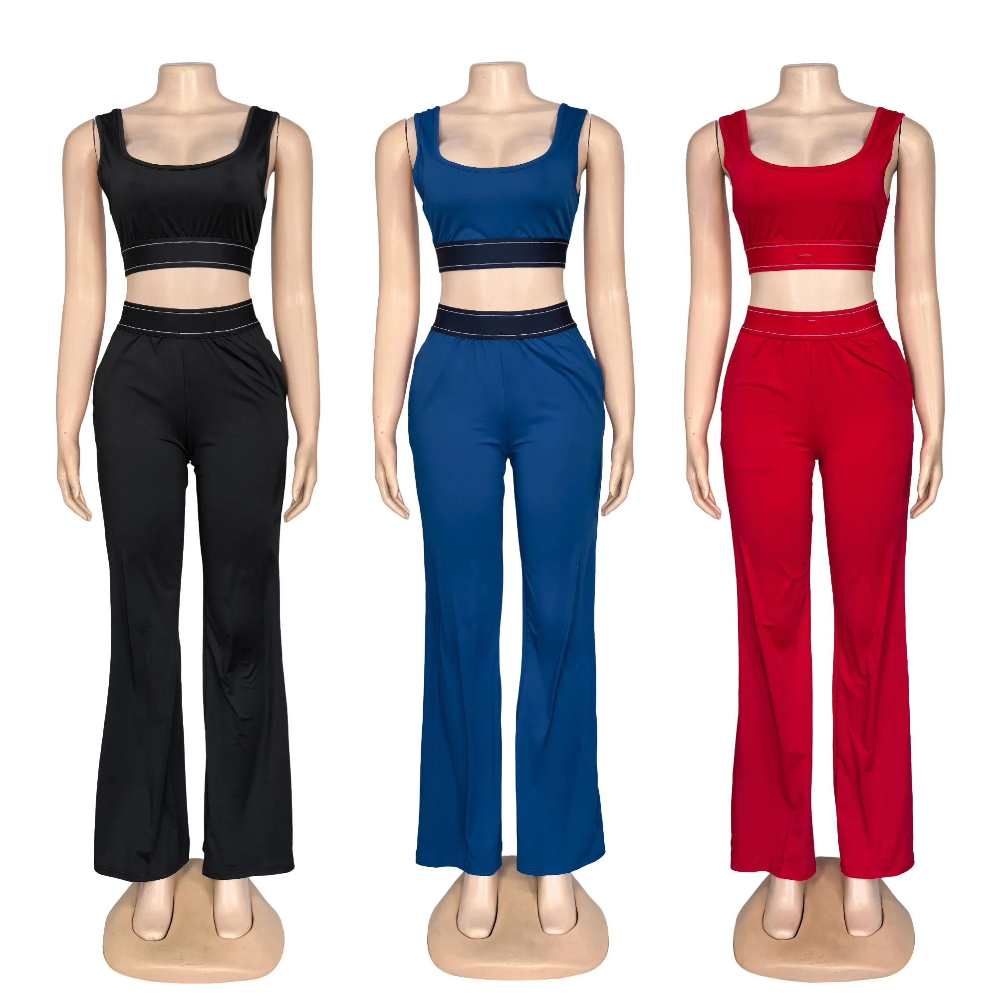 Q6344  Trendy Minimalist Leisure Fashion Sports Navel Bikini High-Waisted Wide-Leg Pants Set