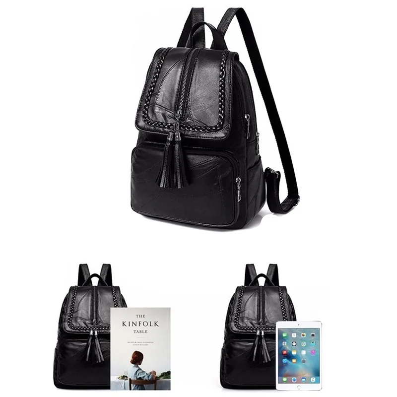 European American Fringed Solid Color Backpack Women Black Travel Birthday Gift Simple Fashion Bag Zipper