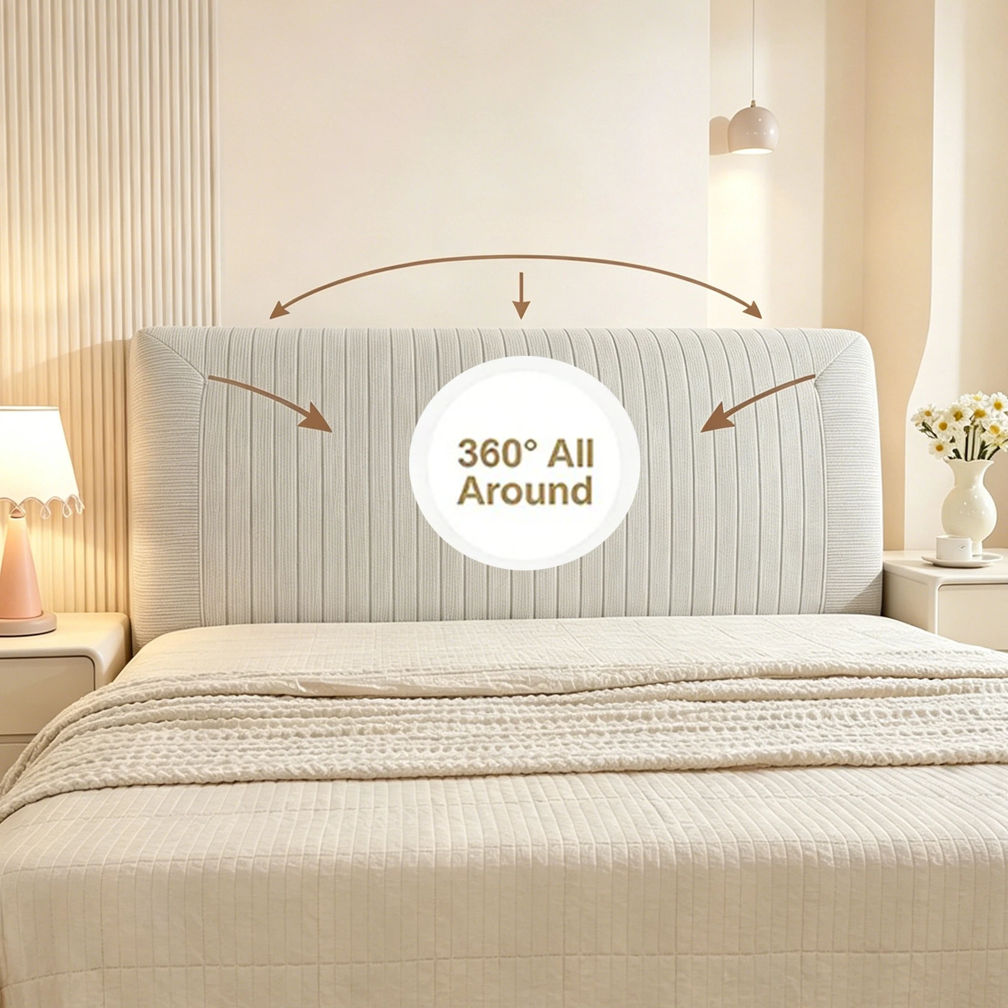 Striped Jacquard Headboard Cover Full Wrap with Elastic Band, Upgrade Skin Friendly Anti-Slip Dustproof Protector for Bedroom Ho