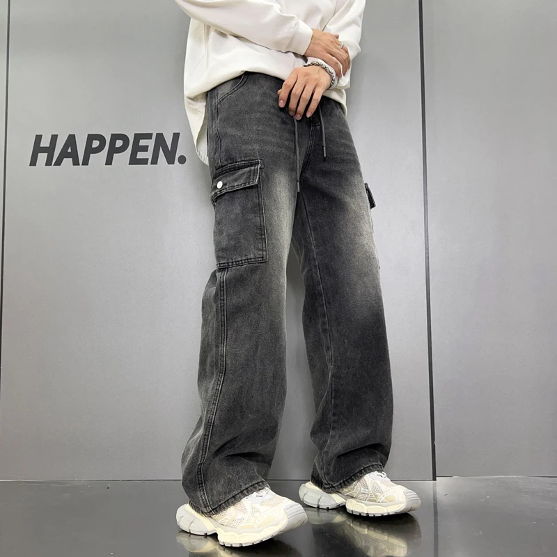 남성용 아메리칸 스타일 대형 포켓 데님, 하이 스트리트, 트렌디, 캐주얼, 느슨한 스트레이트 레그, 남성 의류