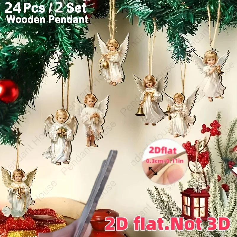24. Dezember 36-teiliges Set Vintage weiße Engelsanhänger aus Holz Weihnachts- und Neujahrsgeschenke Weihnachtsbaumschmuck