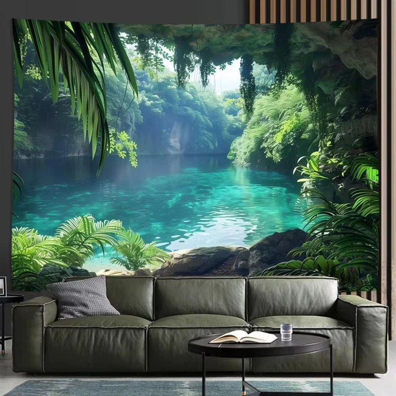 VIKAMA Tropical Cave Lake Tapestry Jungle Green Forest Turquoise Water Nature Scenery Wall Hanging Decor for Bedroom Living Room