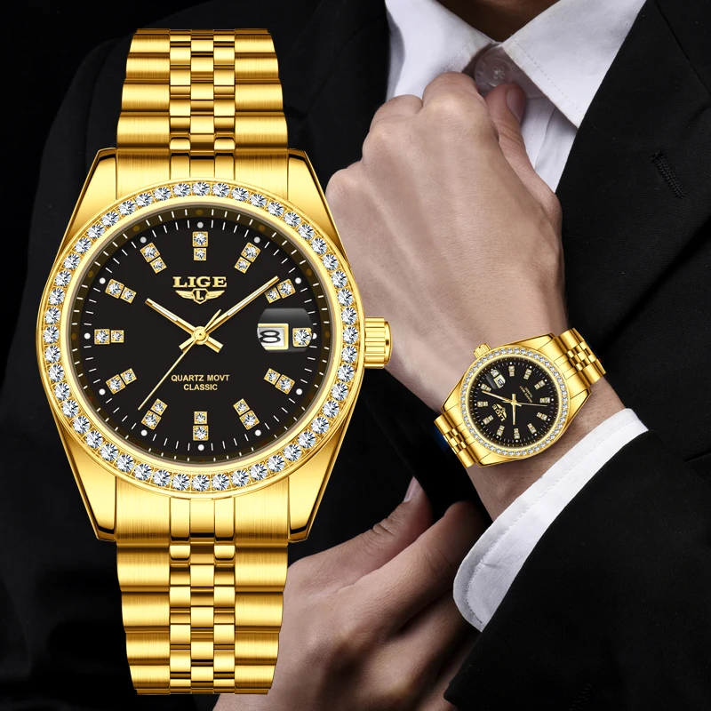 LIGE Man Watch New Fashion Sport Waterproof Simple Golden Mens Watches Quartz Clock Stainless Stap Sport Waterproof Watch+Box