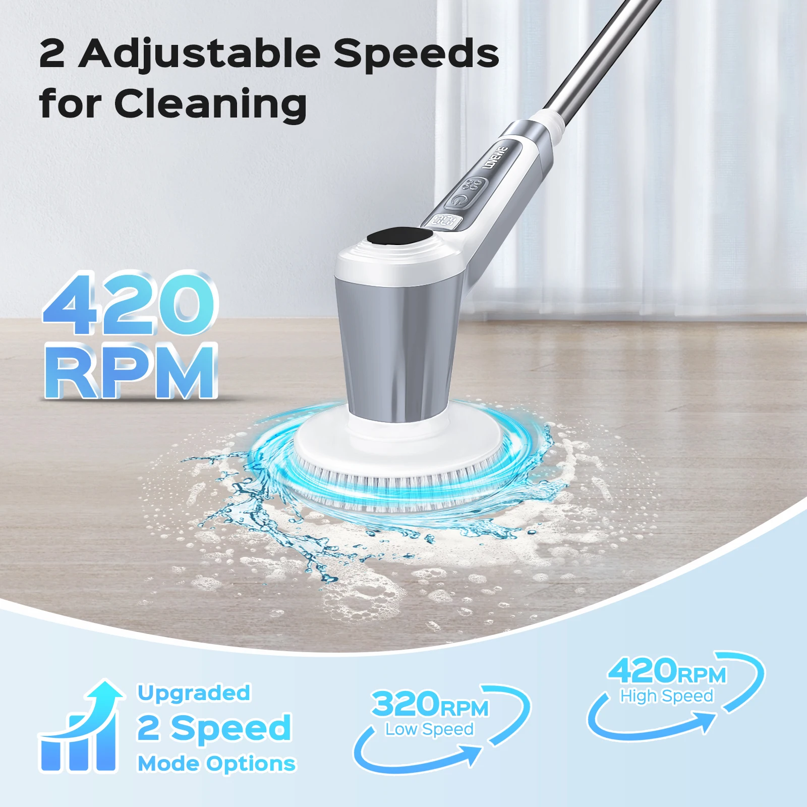 Electric Spin Scrubber, Cordless 4500mAh with Spray, Adjustable Handle, 6 Brush Heads, 2 Speeds, for Bathroom Cleaning