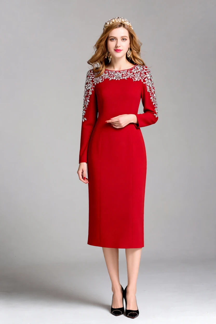 فستان كوكتيل نسائي بأكمام طويلة مع نير مزين بالكريستال الذهبي - سهرة أنيقة، حفلة، فستان أم العروس #6