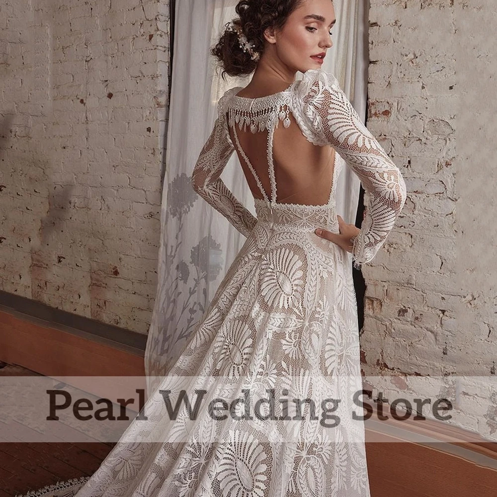 Abito da sposa senza schienale con scollo a v profondo in pizzo squisito Boho illusione Sexy con giacca a maniche lunghe da sposa romantica a-line lunghezza del pavimento