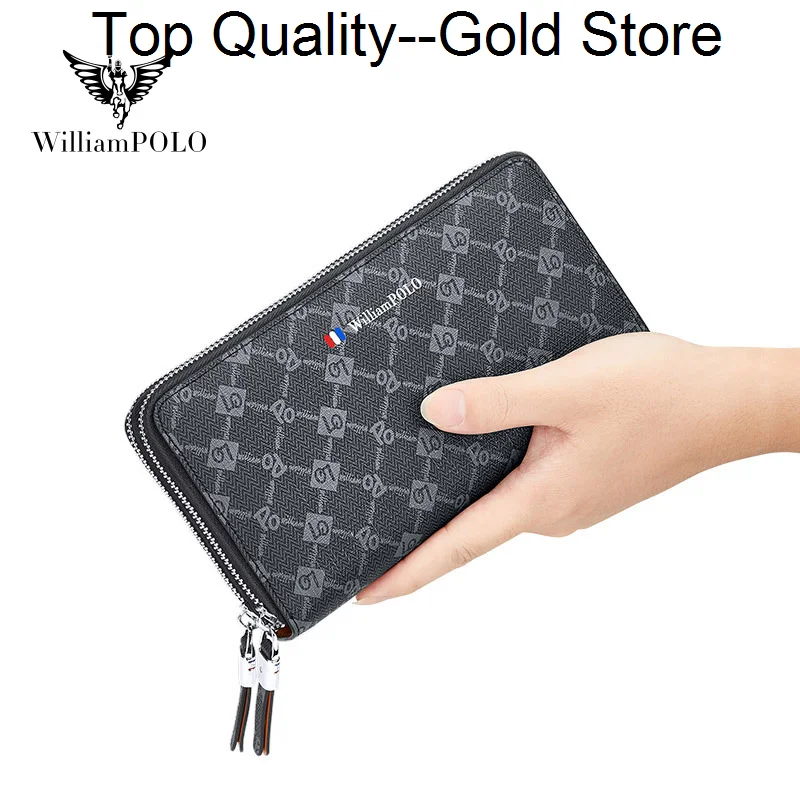 WILLIAMPOLO Luxury Business Commute Wallet For Men Letter Printing Clutch Bag Large Capacity Double Zipper Cardholder