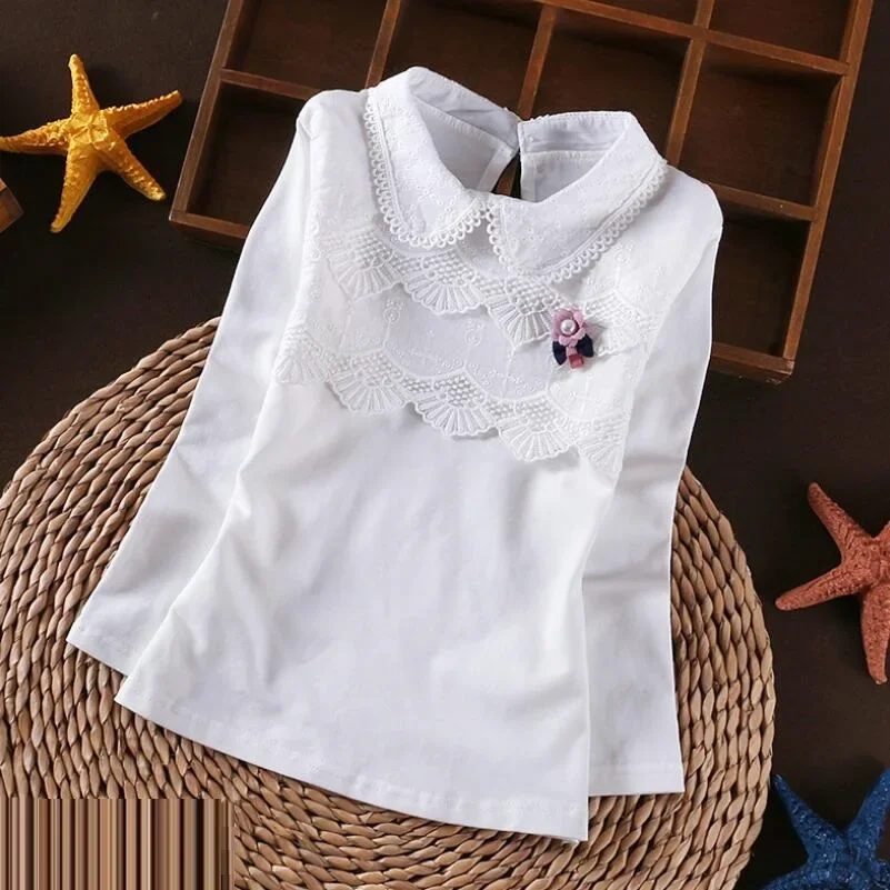 Autumn Girls Blouse White Shirts Baby Teen School Girl Lace Tops Long Sleeve Kids Shirt Children Cotton Clothes 6 8 10 12 Years