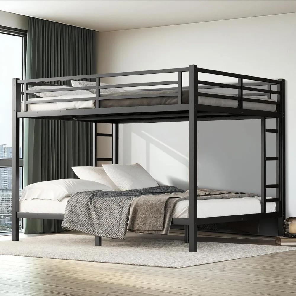 Queen Over Queen Bunk Bed Frame, Heavy Duty Metal Loft Bed for Adults/Teens, 400/600LB Capacity w/Ladder & Guardrail, Noise-Free
