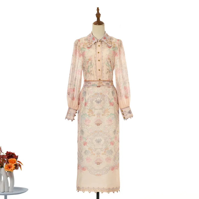 2026年新作 レディース シルク麻 花柄プリント イルトトップセット ホリデーウェア ハイウエスト ストリートスタイル ロングスリーブ シルク風ベルベット