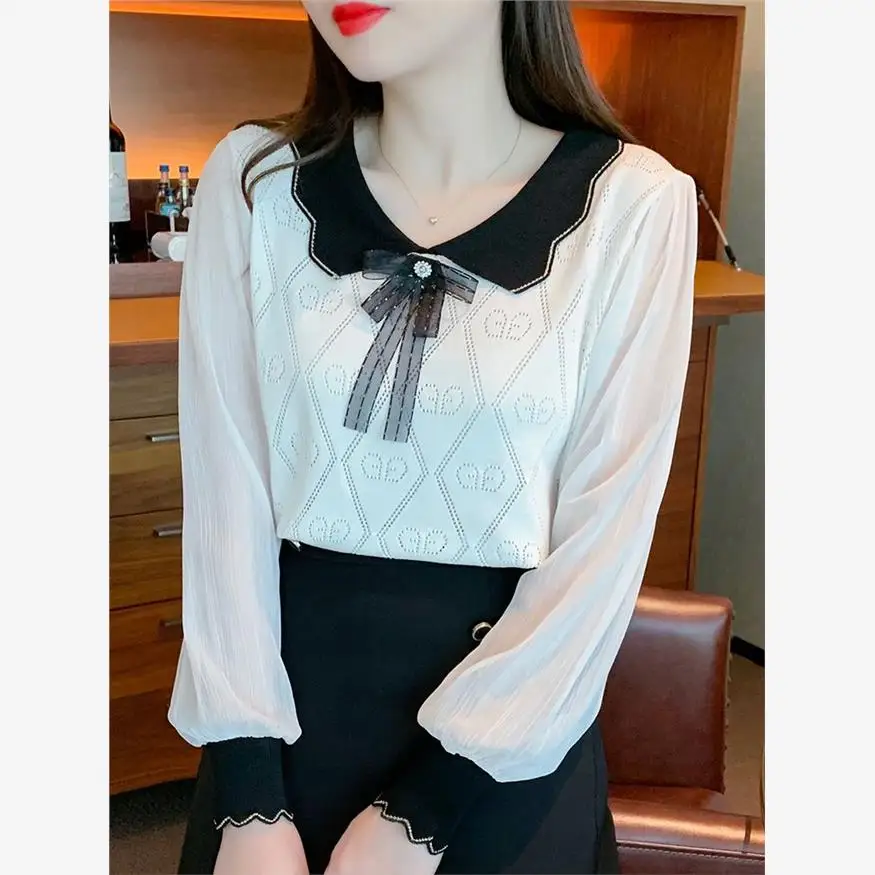 

Свободный вязаный бант Bubble Sve, кукольный воротник, женский топ irt, весна-осень, модный утягивающий возрастной топ