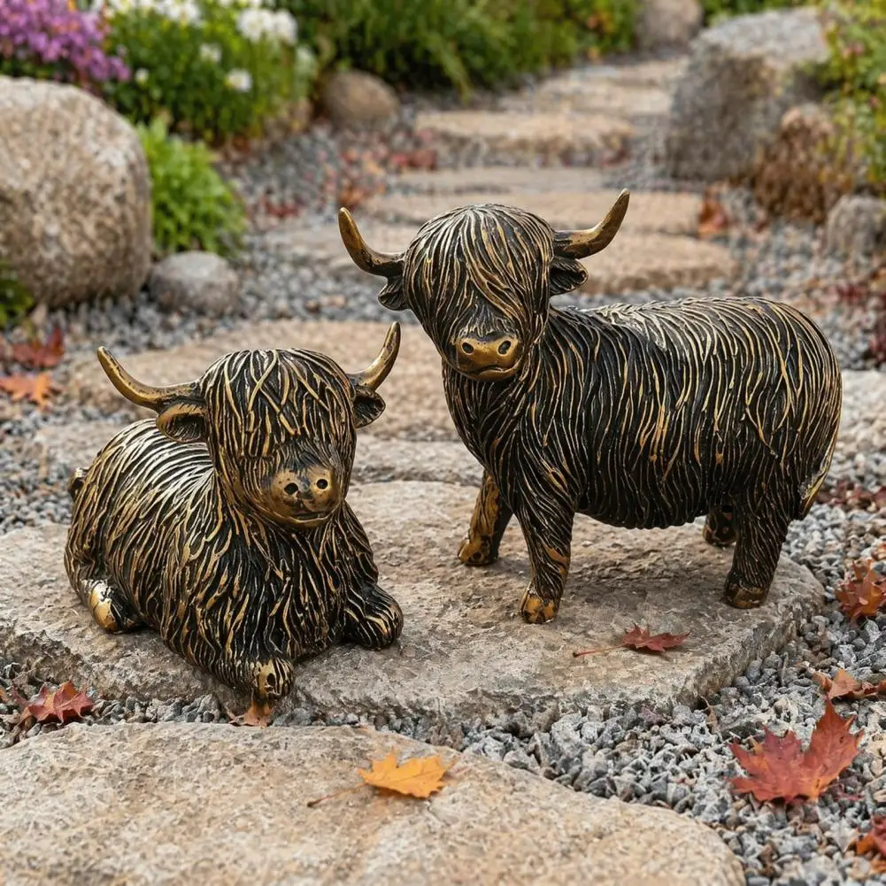 Room Entrance Hall Decorations Highland Yak Resin Figurines Vintage Bronze Finish Statues Weatherproof Farmhouse Decor for Patio