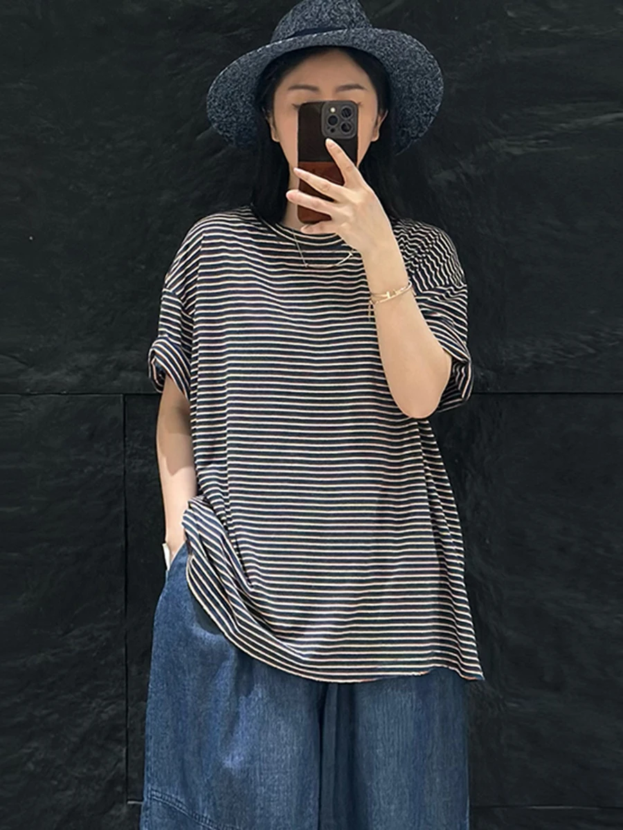 

Original Spring Summer Faion Personali Ripped round Ne Loose Casual Commute Versatile Korean Sle Striped T irt