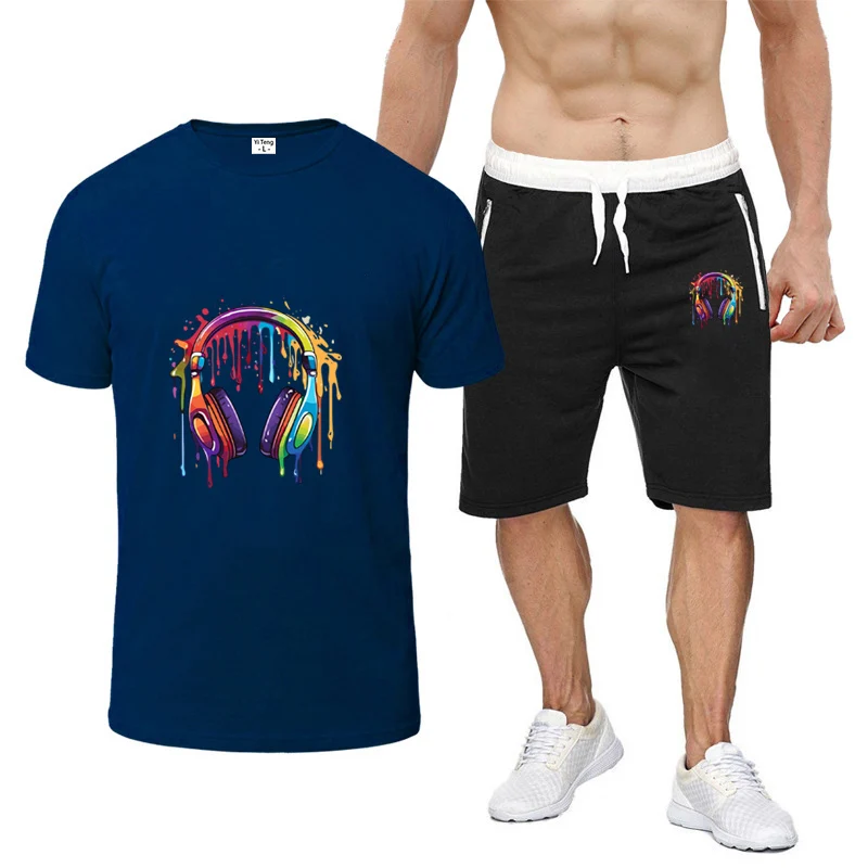 

Hip Hop Melting Headset Graphic O-neck Fashionable Casual Sports Short Sleeved Breathable Cool Luxurious T-shirt Pants Suits