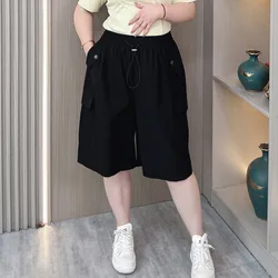 Summer Plus Size Cargo Shorts Female Elastic High Waist Loose Thin Casual Personality Wide Leg Knee Length Pants