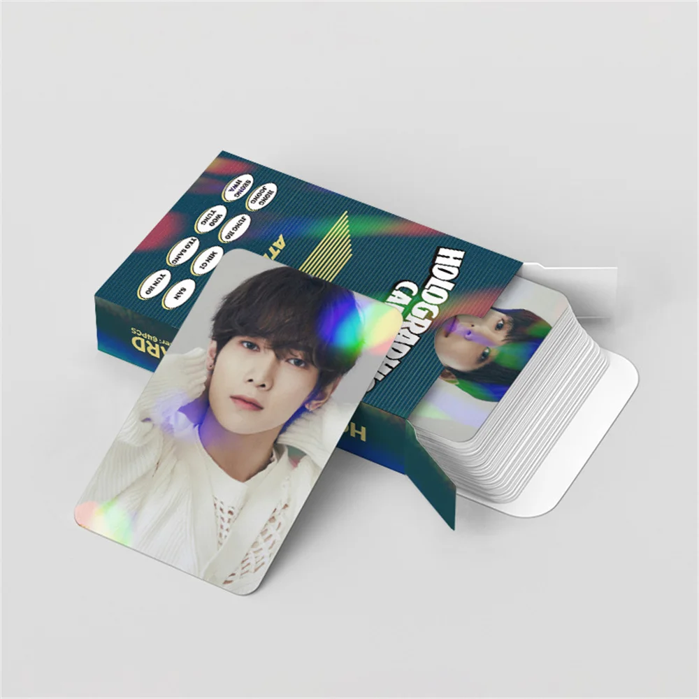 124Pcs/Set Kpop ATEEZ Laser Cards Boxed Card Double Side Printing LOMO Card Holographic Card Hongjoong Wooyoun Yeosang Fans Gift