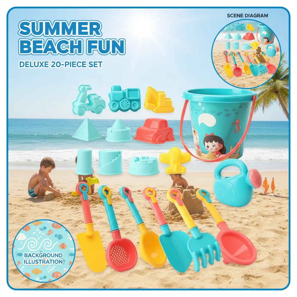 

Детский набор пляжных игрушек для песка и воды: ведро, лопатка, песочные часы, садовый декор (цвет случайный)