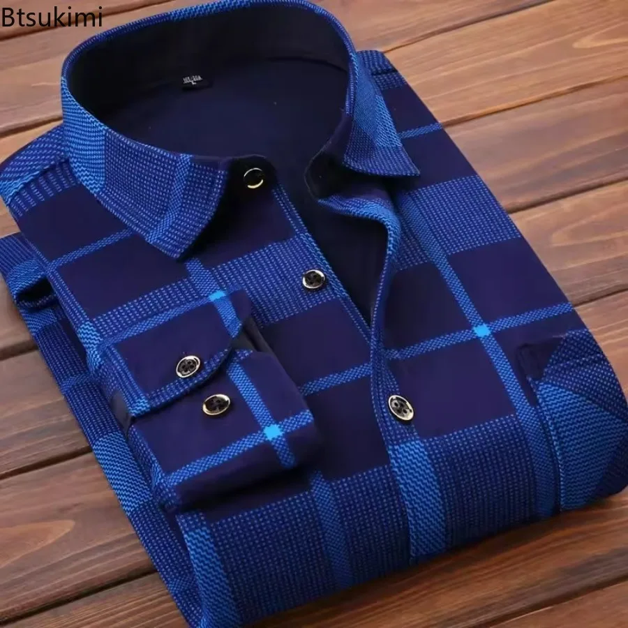 2025 Autumn Winter Flannel Men Shirt Long Sleeve Plaid Warm Shirt Thick Fleece Lined Soft Casual Flannel Warm Dress Shirt Male