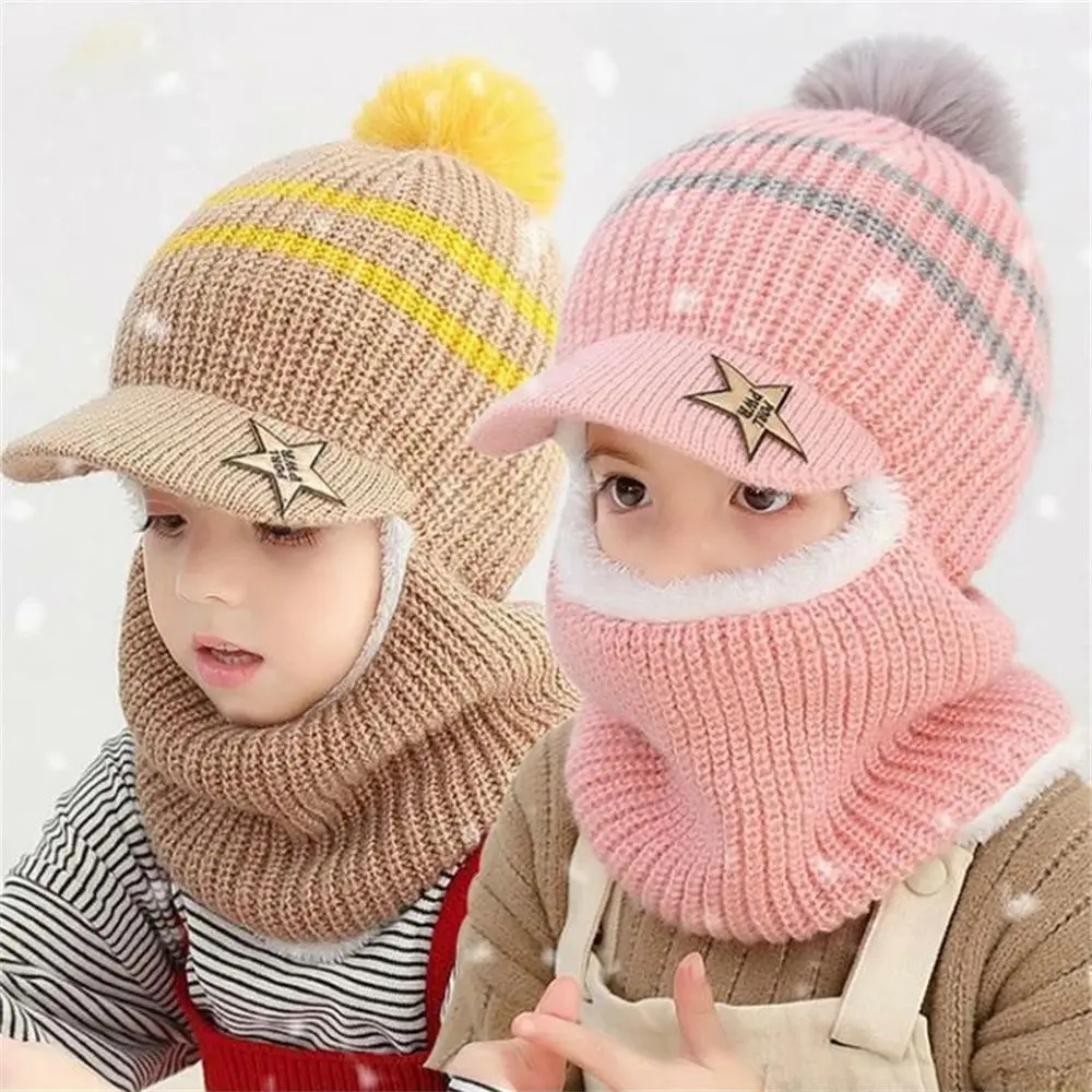 Winter Kids Plus Fleece Beanie Hats Thick Warm Knitted Balaclava Cap For Child Outdoor Girls Boys Face Cover Hairball Bib Mask