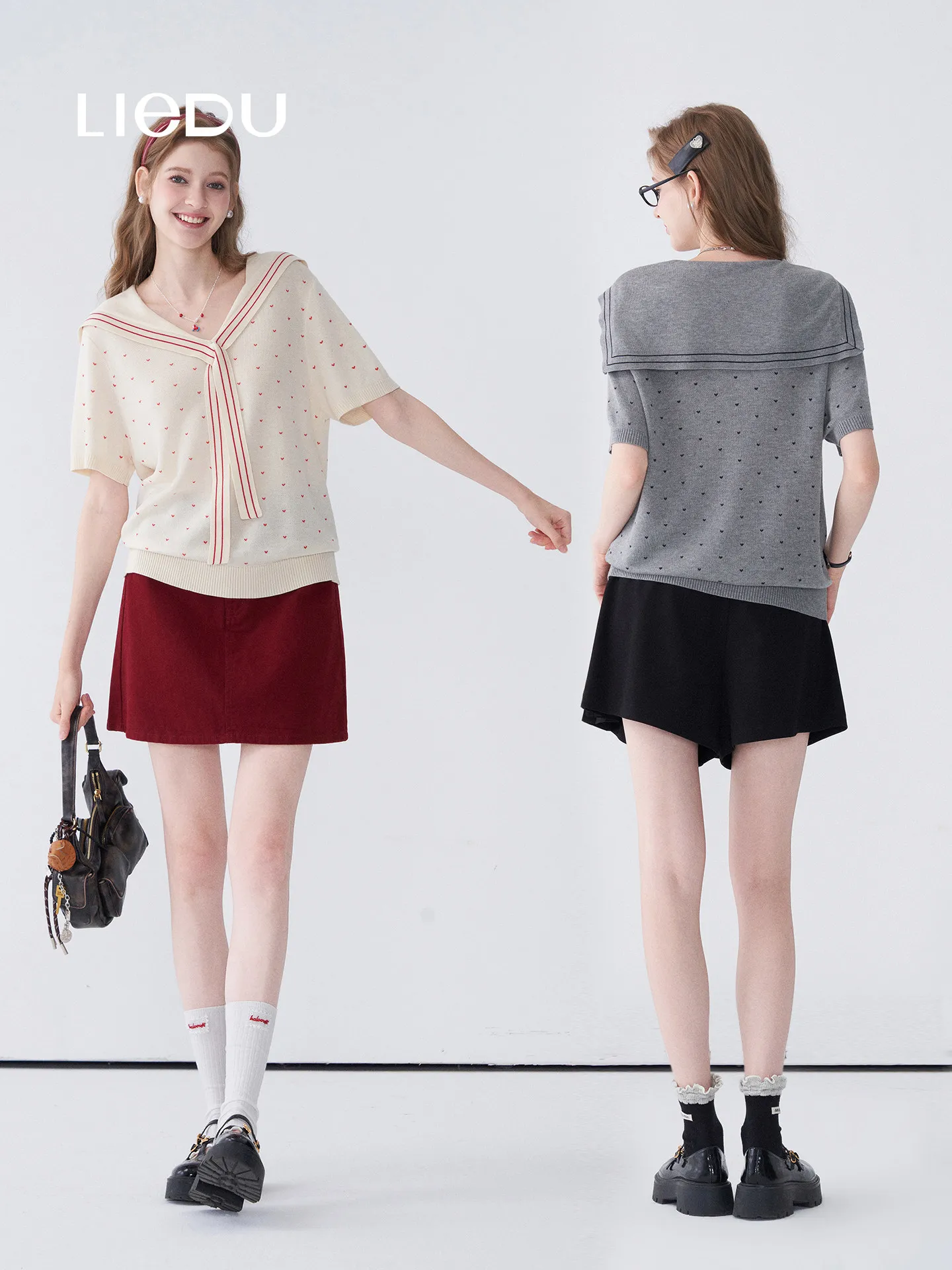 LIEDU Summer Preppy Cute Heart Print Sailor Collar T Shirt Women Plus Size Short Sleeve Knitted Breathable Cool Casual Outfit