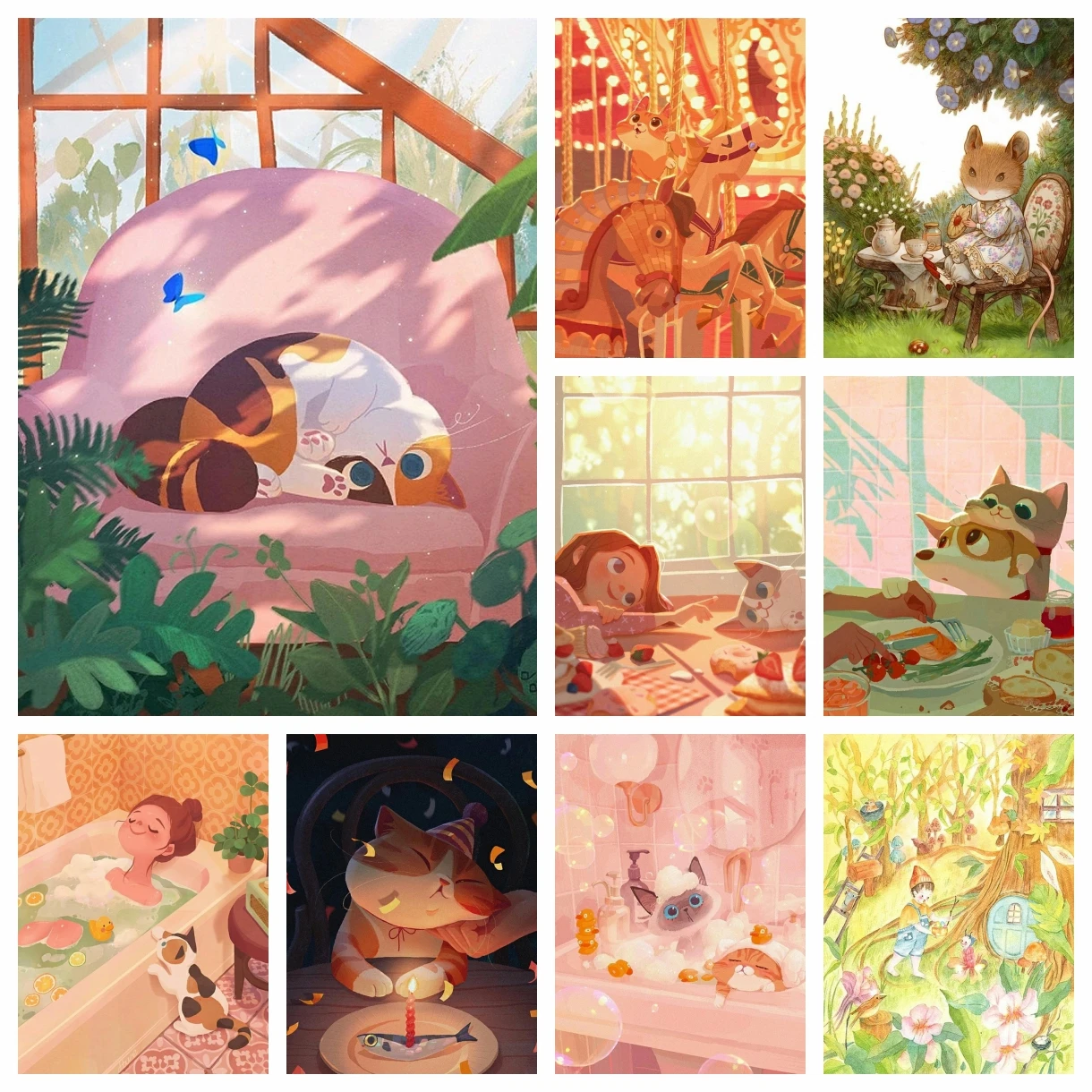 Kits de pintura artística de diamante DIY de paisaje, mosaico bordado de dibujos animados de niña y gato, punto de cruz, decoración del hogar, regalo para niños