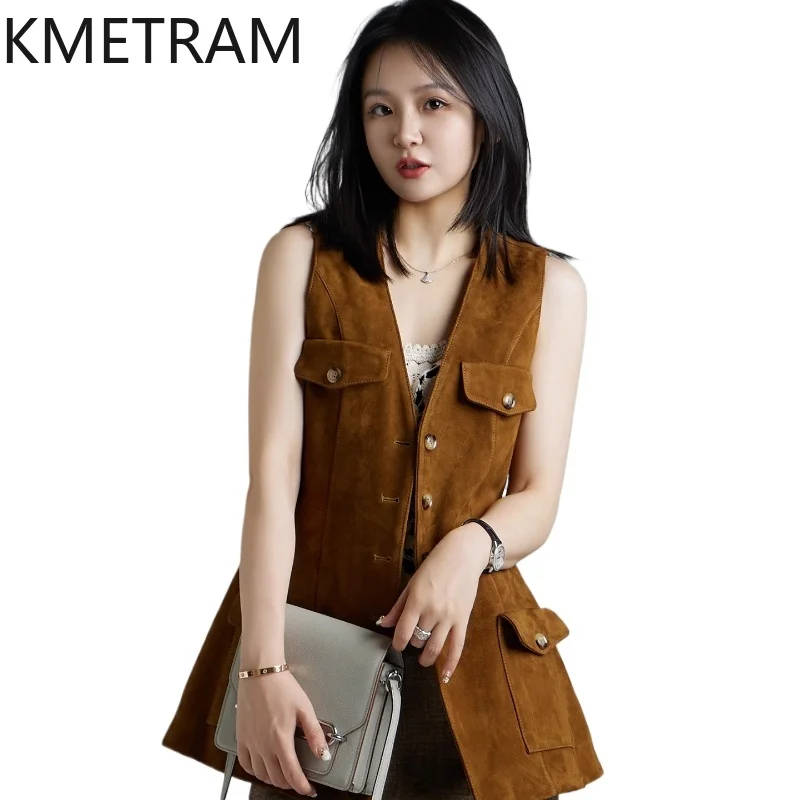 KMETRAM 100% Natural Sheepskin Reverse Suede Vest Mid Length Women Genuine Leather Jacket 2025 Autumn New Outerwears ropa mujer