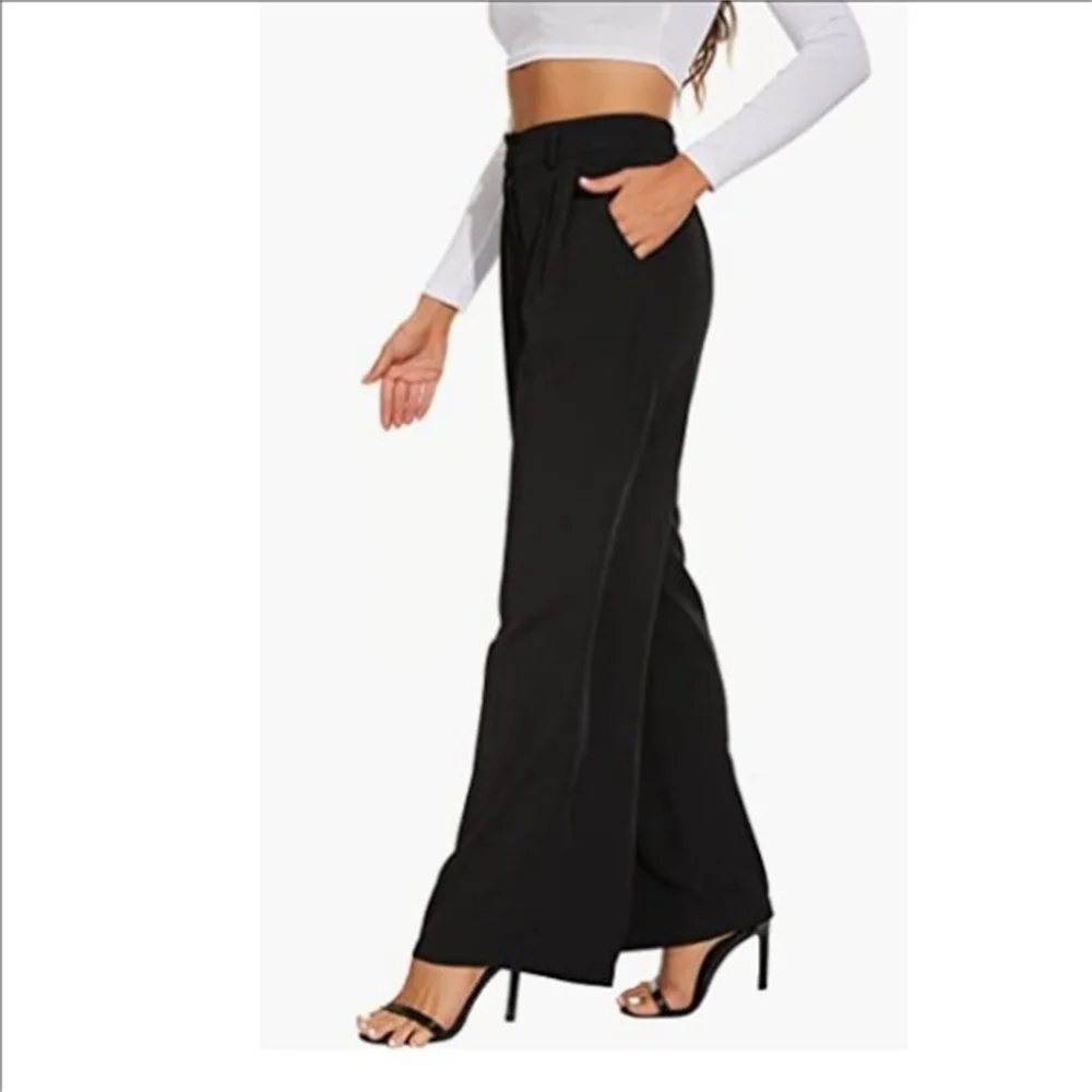 2023 Amazon commuting vertical feeling slimming high waist solid color wide leg pants casual trousers