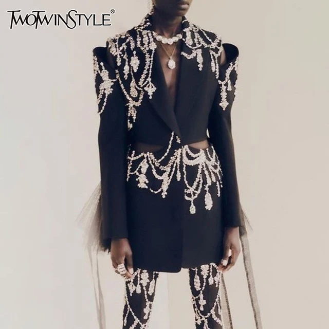 TWOTWINSTYLE solidne łączone diamentowe marynarki damskie karbowany kołnierzyk z długim rękawem drążą patchworkowy guzik elegancki płaszcz damski