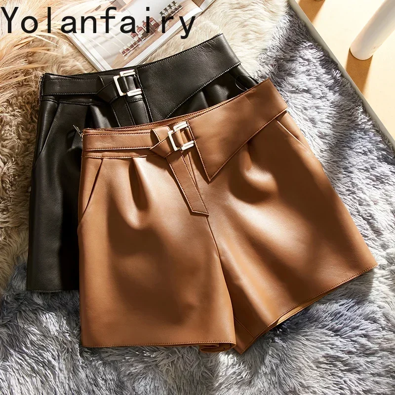 

New Autumn Wide Legs Pants Women Genuine Leather Shorts for Women High Waist Sheepskin Pants Women Korean Fashion Femme