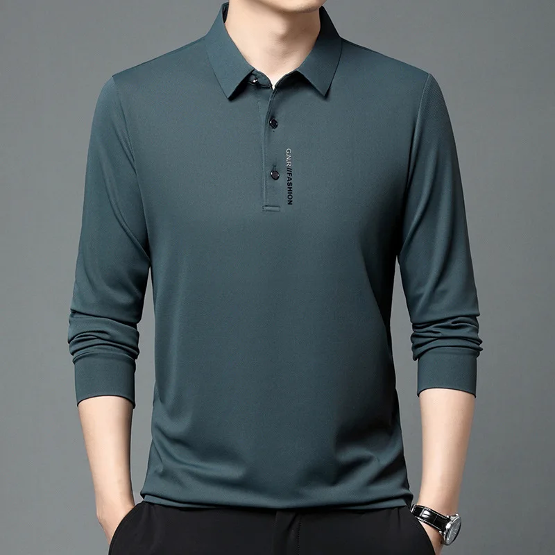Spring Autumn Hot Sale Young Middle Aged Men Fashion Casual Solid Color Lapel Long Sleeve Polo Shirt Slim Fit Soft Breathable Da