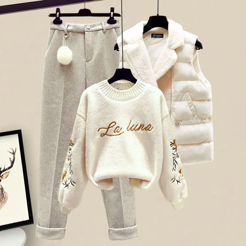 Thickened Cotton Jacket Vest Knitted Long Sleeved Sweater Pullover Woolen Pants Three Piece Elegant Women\'s Pants Set