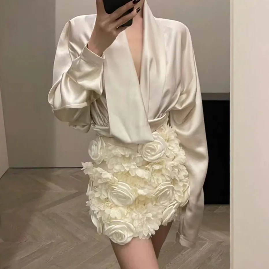 Spring Two Piece Skirt Set Women's New Satin Cinching Slimming Shirt+high Waist Three-dimensional Flower Wrapped Skirt Two-piece