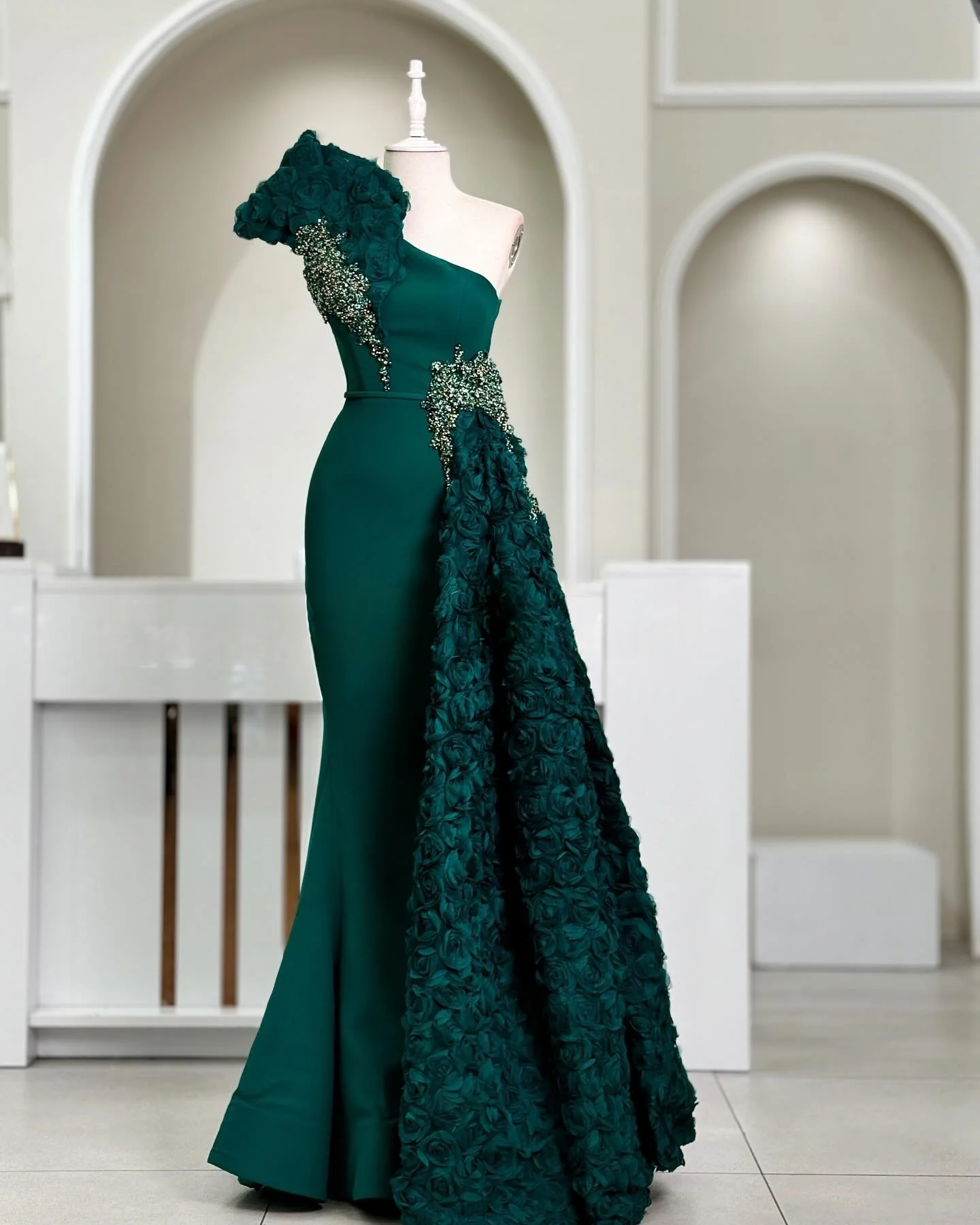 

Customized High Quality Jersey Mermaid One Shoulder 3D Flowers Beading Sequined Evening Dress Sexy Floor Length prom dresses