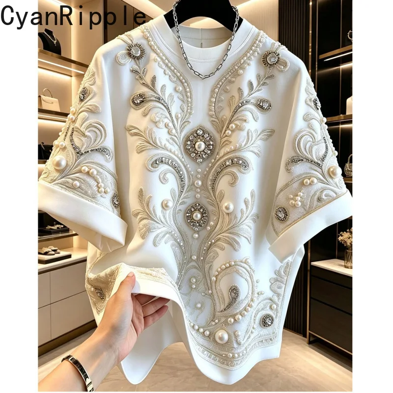 2026 New All-match Summer Loose Women T-shirt Elegant Round Neck Pullover Top Luxury Pearl Beading Casual Short Sleeve Tees