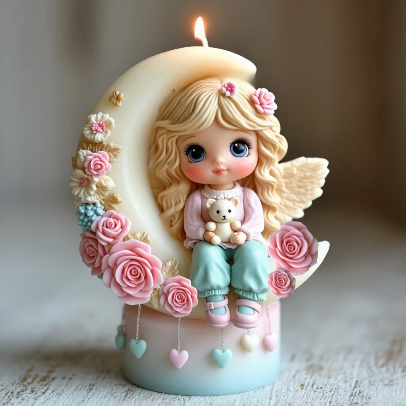 

Moonlight Angel Themed Half-Moon Candle Silicone Mold Angel Holding a Bear and Rose Heart-Shaped 3D Relief Resin Mold for Aromatherapy Making