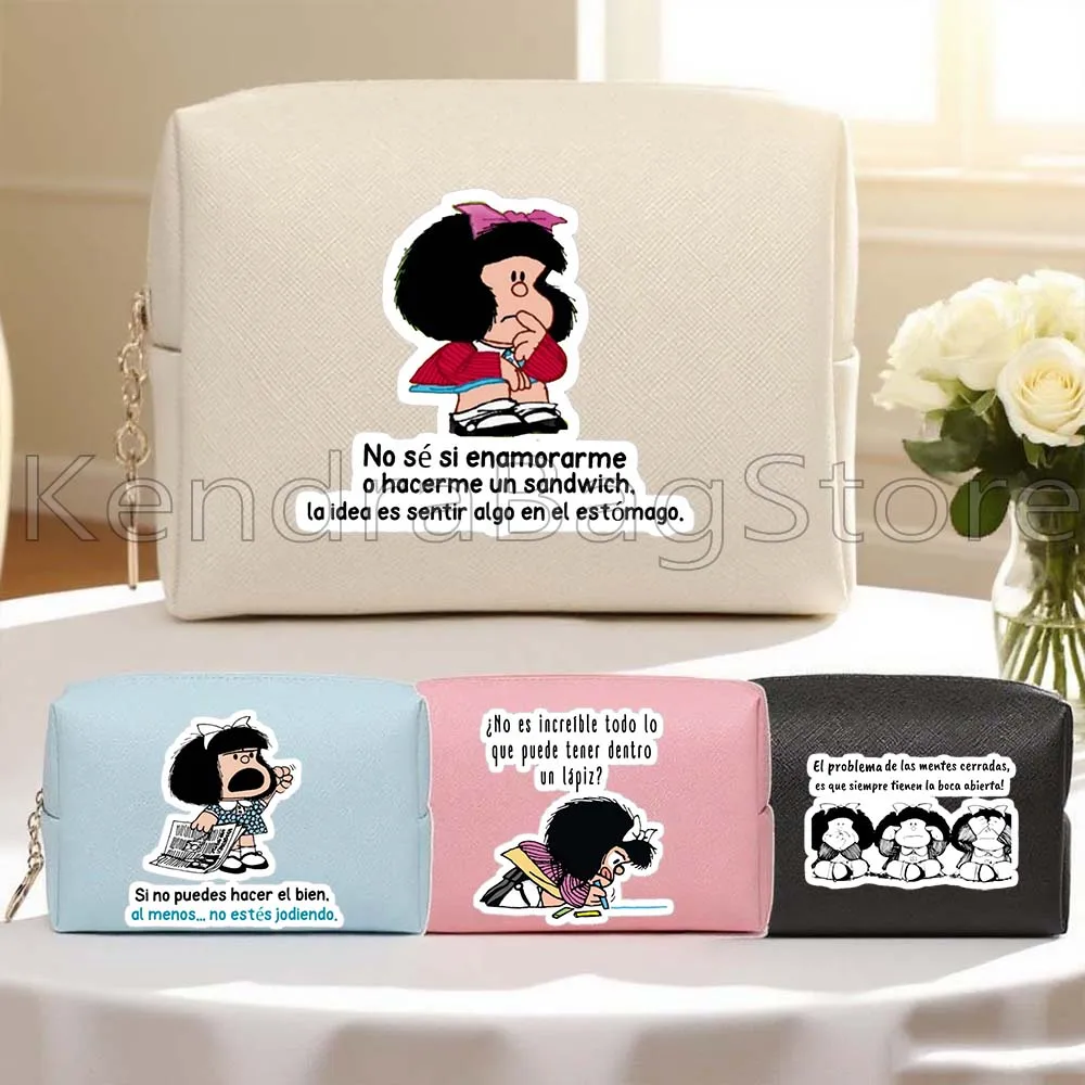 Lindo Mafalda Comics Kawaii chica de dibujos animados regalos españoles bolsas de cosméticos de viaje de cuero PU bolsas de maquillaje para mujeres bolsa de aseo impermeable