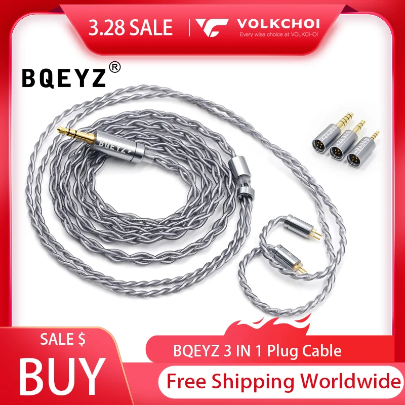 

BQEYZ Rime Winter Upgraded Cable, 0.78mm 2Pin Single Crystal Copper Plated Silver Cable, 3 in 1 Detachable Plug Cable