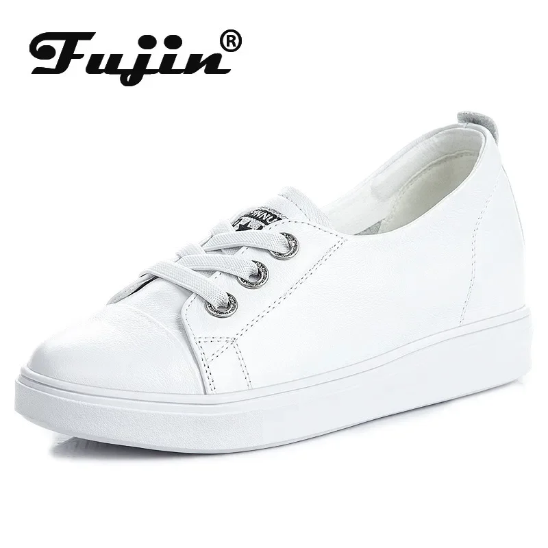 Fujin sepatu bot kulit asli, Sneaker Wedge Platform sepeda motor Musim Semi dan Gugur bahan kulit asli ukuran 5cm