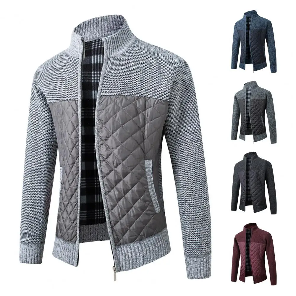 

Contrast Color Cardigan Men's Zip-up Stand Collar Sweater Coat with Patchwork Design Plus Size Slim Fit for Autumn for Wear