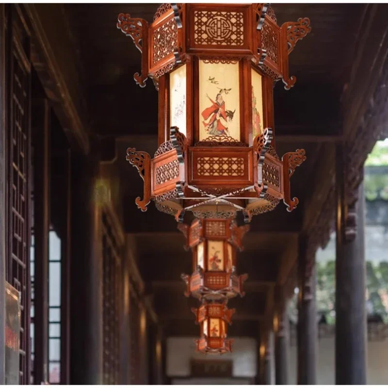

z Chinese Solid Wood Palace lantern with Hanger Light Bulb Eight Immortals Painting Bird-and-flower Painting Outdoor Waterproof