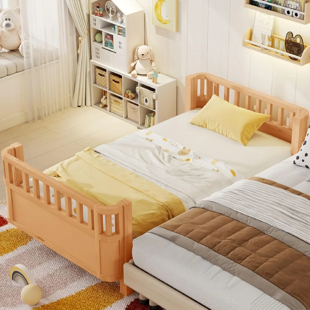 سرير مزدوج مستوحى من مونتيسوري مع قضبان جانبية قابلة للإزالة، وإطار سرير بمنصة خشبية موفرة للزاوية للأطفال #3
