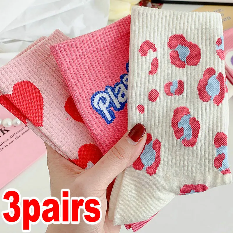 1/3pairs Pink Heart Strawberry Socks Casual Fashion Letter Harajuku Streetwear Korean Woman Middle Tube Socks Girls Cute Sox