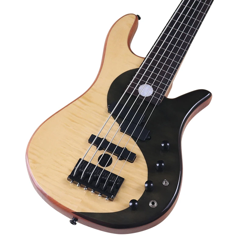 Fretless Ying Yang Bass Active 6 String Electric Bass Guitar White Maple with Black Flame Maple High Glossy