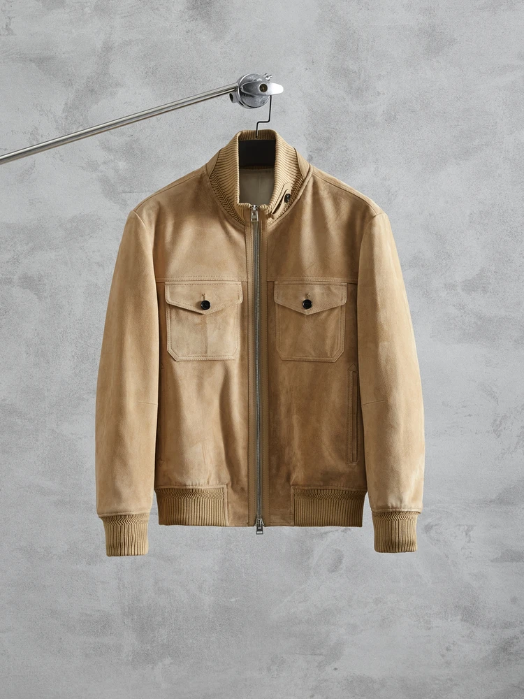 

Designer high-end men multi-pocket stand-up collar pilot leather jacket suede genuine leather coat