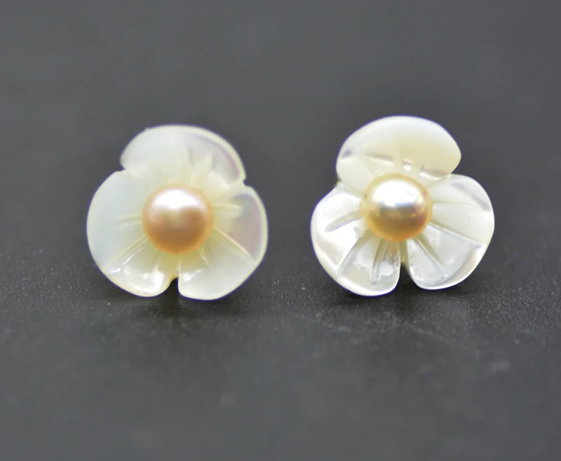 Unique design. Exquisite. Beautiful 10MM Natural Ocean Shell Bowl Flower and Pearl Stud Earrings