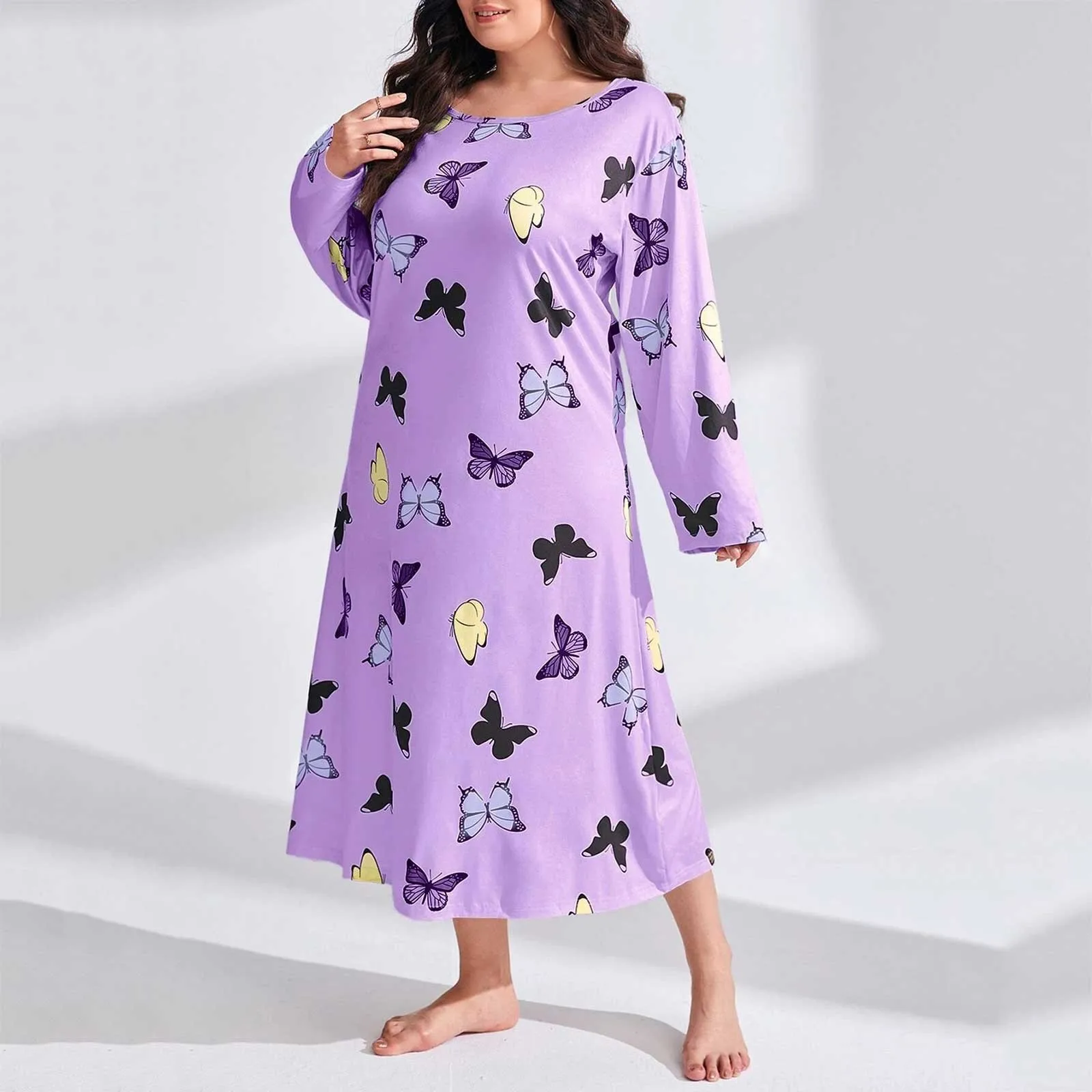 Soft Pajama Casual Set Women Long Sleeve Print Shoulder Drop Oversize Casual Long Sleepwear Dress Koszule Nocne