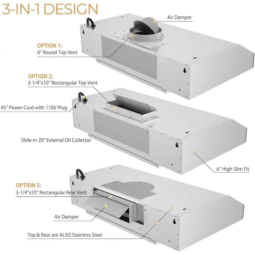 RH-C06-A30 Classic 6” High 1mm Thick Stainless Steel Under Cabinet 4 Speeds 900 CFM Range Hood