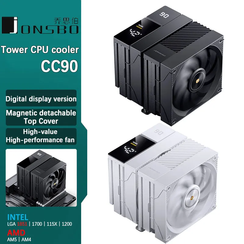 JONSBO CC90 Digital Display Dual-Tower CPU Cooler 6 Heat Pipes Temperature Control Digital Display Magnetic Lid 13CM Wide Tower